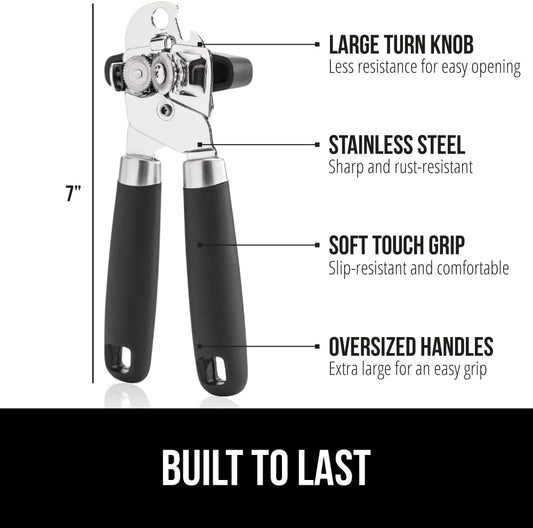 GORILLA GRIP Heavy Duty Stainless Steel Smooth Edge Manual Can Opener, Soft Comfortable Handle, Large Handheld Turn Knob, Built-In Bottle Openers, US Designed, Holiday Prep Kitchen Essential, Black