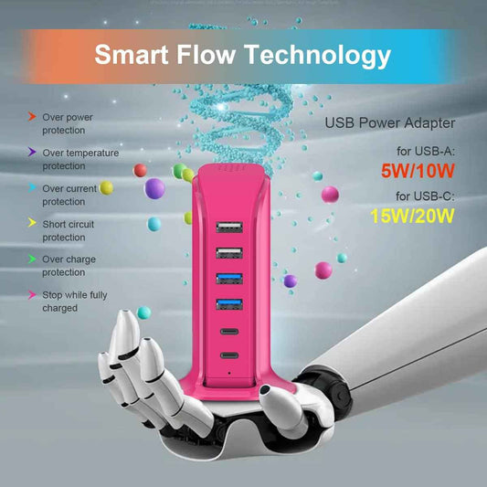 USB Charging Station Multiports Upoy, Charging Hub 6 Ports Dual Type-C, USB Tower Fast Charging for Tablets, Cellphones, Smart Watch, and More Electronic Gadgets, Portable Design, Travel Essentials
