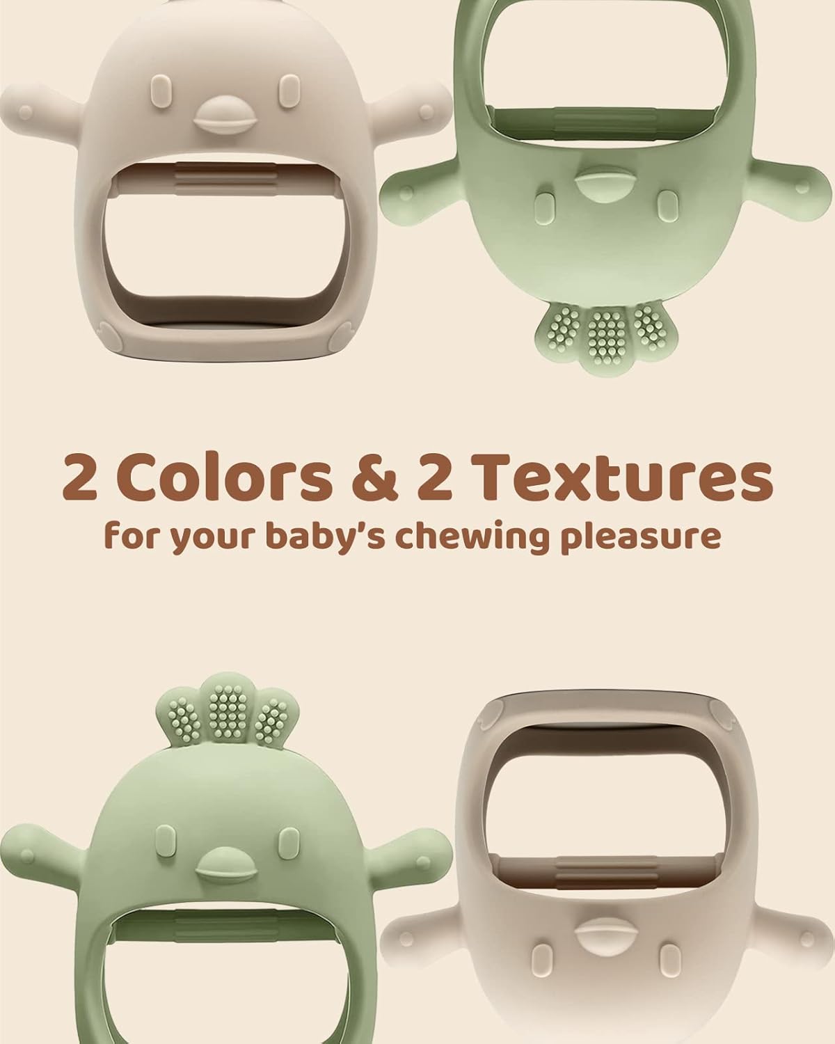 2 Packs Baby Teething Toy Silicone Teething Mitten for Babies Over 3 Months Anti Dropping Wrist Hand Teethers Baby Chew Toys for Sucking Needs, BPA Free (Green & Caramel)