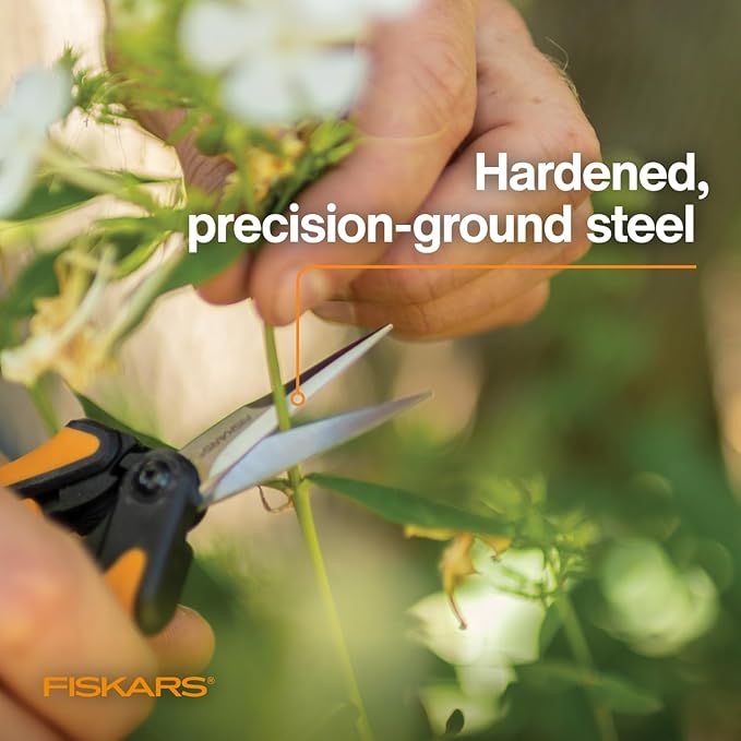 Fiskars Micro-Tip Pruning Snips - 6" Garden Shears with Sheath and Comfort Grip - Sharp Steel Blades - Quality Pruning Shears for Plants in Grow Tents and Hydroponics - Garden Tools - Cart Shape
