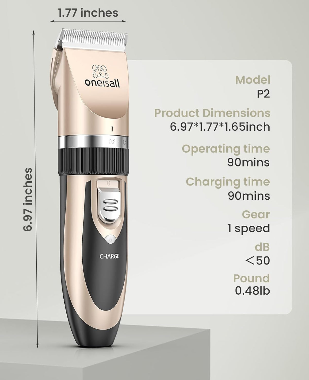 oneisall Dog Clipper Low Noise, Dog Grooming Kit with Rechargeable, Pet Shaver Cordless Electric Quiet Hair Clipper Set for Dogs Cats Pets(Gold)