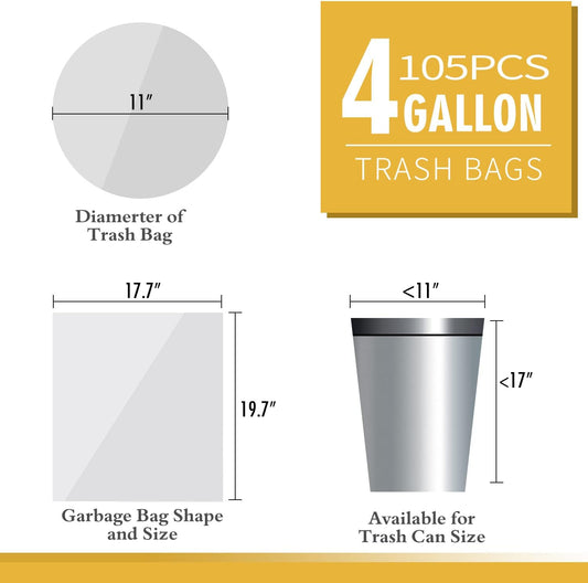 105 Count Small Trash Bags, 4 Gallon Garbage Can Liners - Unscented Wastebasket Trash Bags for Bathroom, Kitchen, Bedroom, Cleaning Supplies (15 Liter)