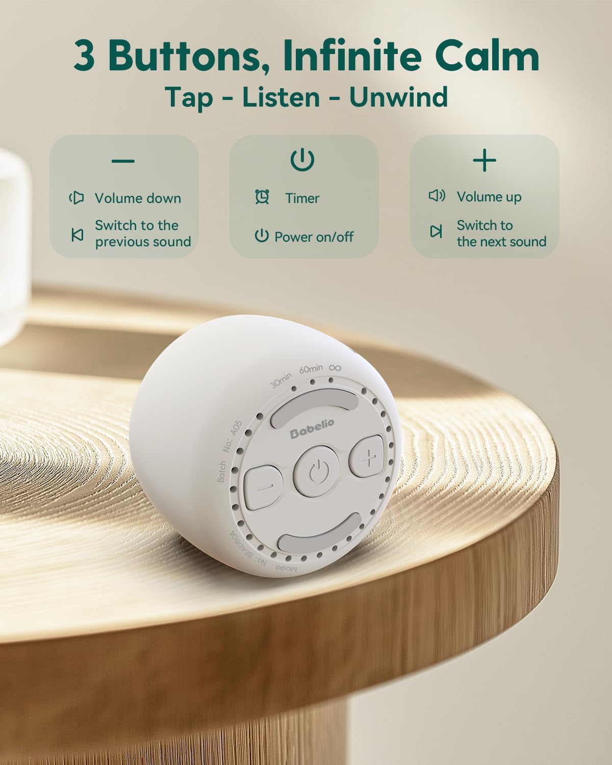 Babelio White Noise Sound Machine for Adults Kids Baby, Mini, 15 Non-looping Sounds, Timer, Memory Function, Easy to Pocket and Travel White