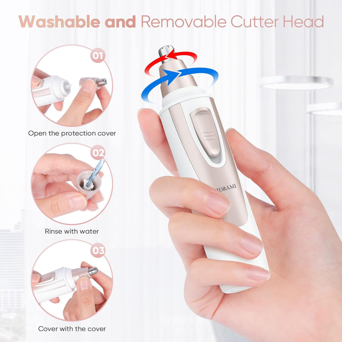 Ear and Nose Hair Trimmer Clipper - 2025 Professional Painless Eyebrow & Facial Hair Trimmer for Men Women, Battery-Operated Trimmer with IPX7 Waterproof, Dual Edge Blades for Easy Cleansing Pink