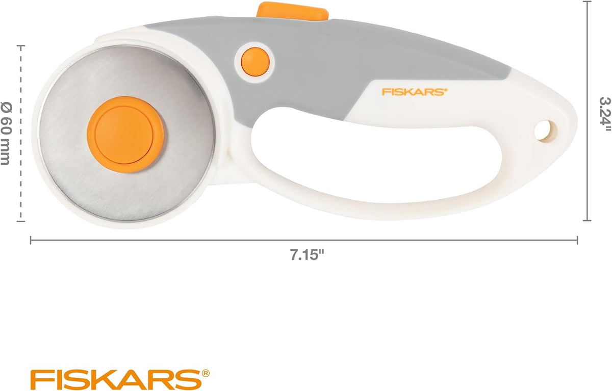 Fiskars 60mm Rotary Cutter for Fabric with Ergonomic Loop Grip And Comfort Handle, Titanium Rotary Fabric Cutter for Thick Materials, Easy and Safe Blade Change, Sewing Supplies and Quilting Tools