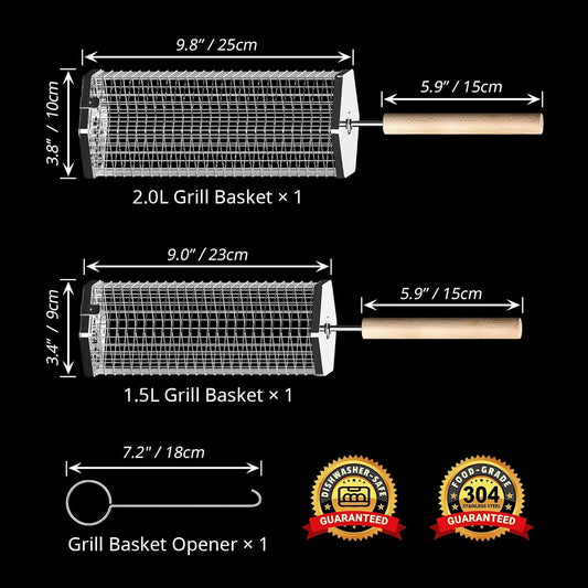 Rolling Grill Basket, Removable Wooden Handle, 304 Stainless Steel, Nesting Grilling Tools, Smoker BBQ Accessories for Vegetable, Outdoor Cooking Camping, Birthday Gifts for Men Dad Husband