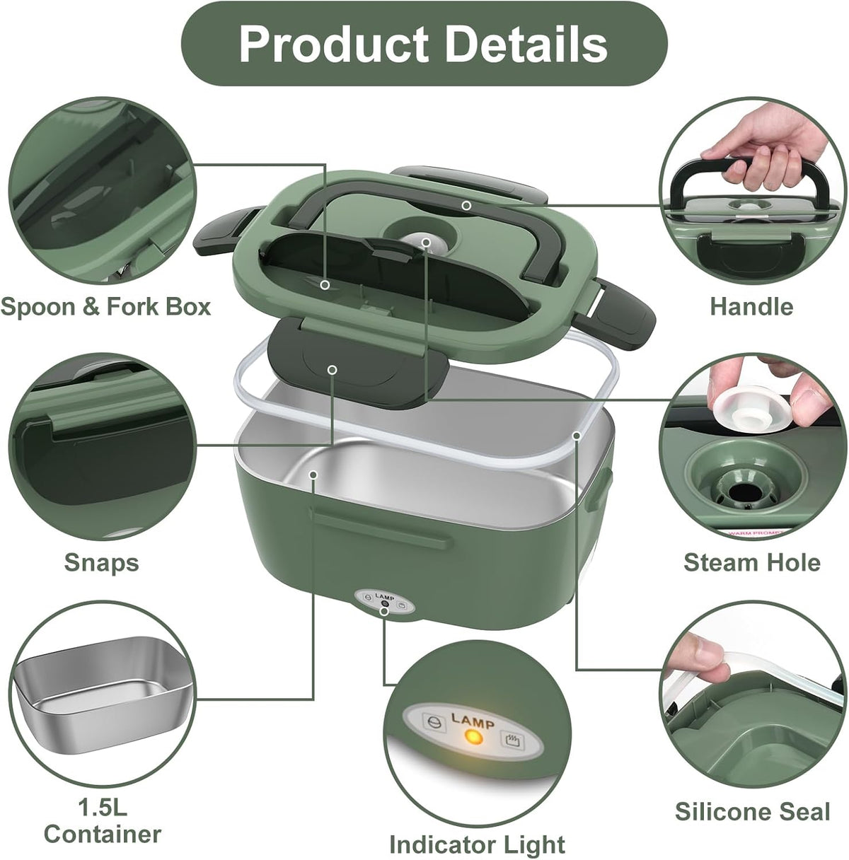 Vabaso Electric Lunch Box for Adults, 80W Heated Lunch Box Portable Food Warmer Lunch Box for Work/Men/Car/Truck with 1.5L 304 Stainless Steel Container Fork & Spoon, 110V/12V/24V
