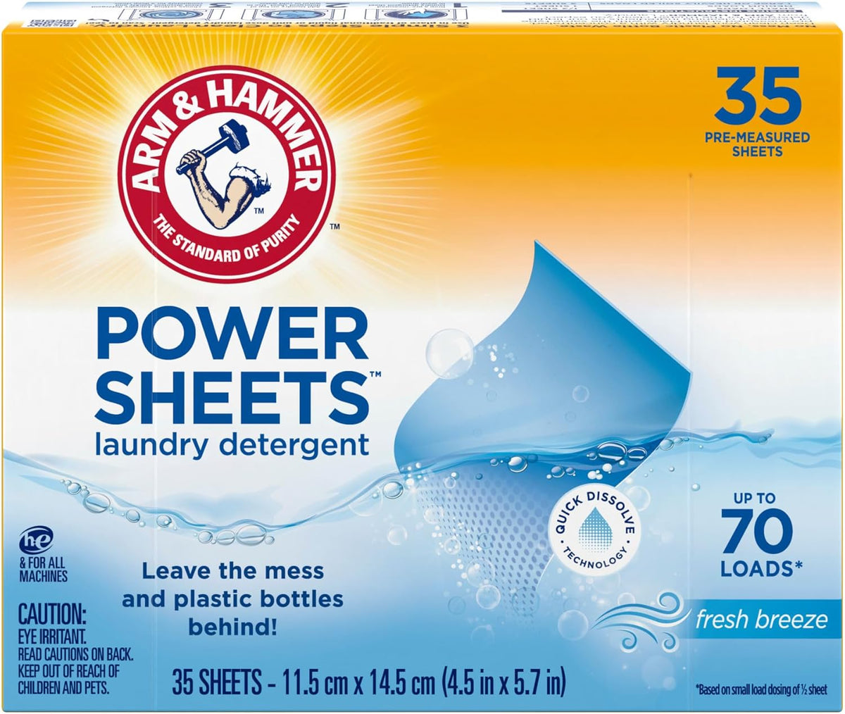 ARM & HAMMER Power Sheets Laundry Detergent, Fresh Breeze Scent, No Mess, Lightweight and Travel-Friendly, 35 Count, Up to 70 Small Loads