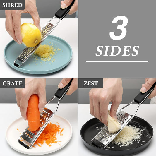 Cambom Lemon Zester Grater Three-piece Suit - Heavy Duty Kitchen Tool for Parmesan Cheese, Ginger, Garlic, Nutmeg, Chocolate, Vegetables,Fruits,Stainless Steel Grater Dishwasher Safe Black