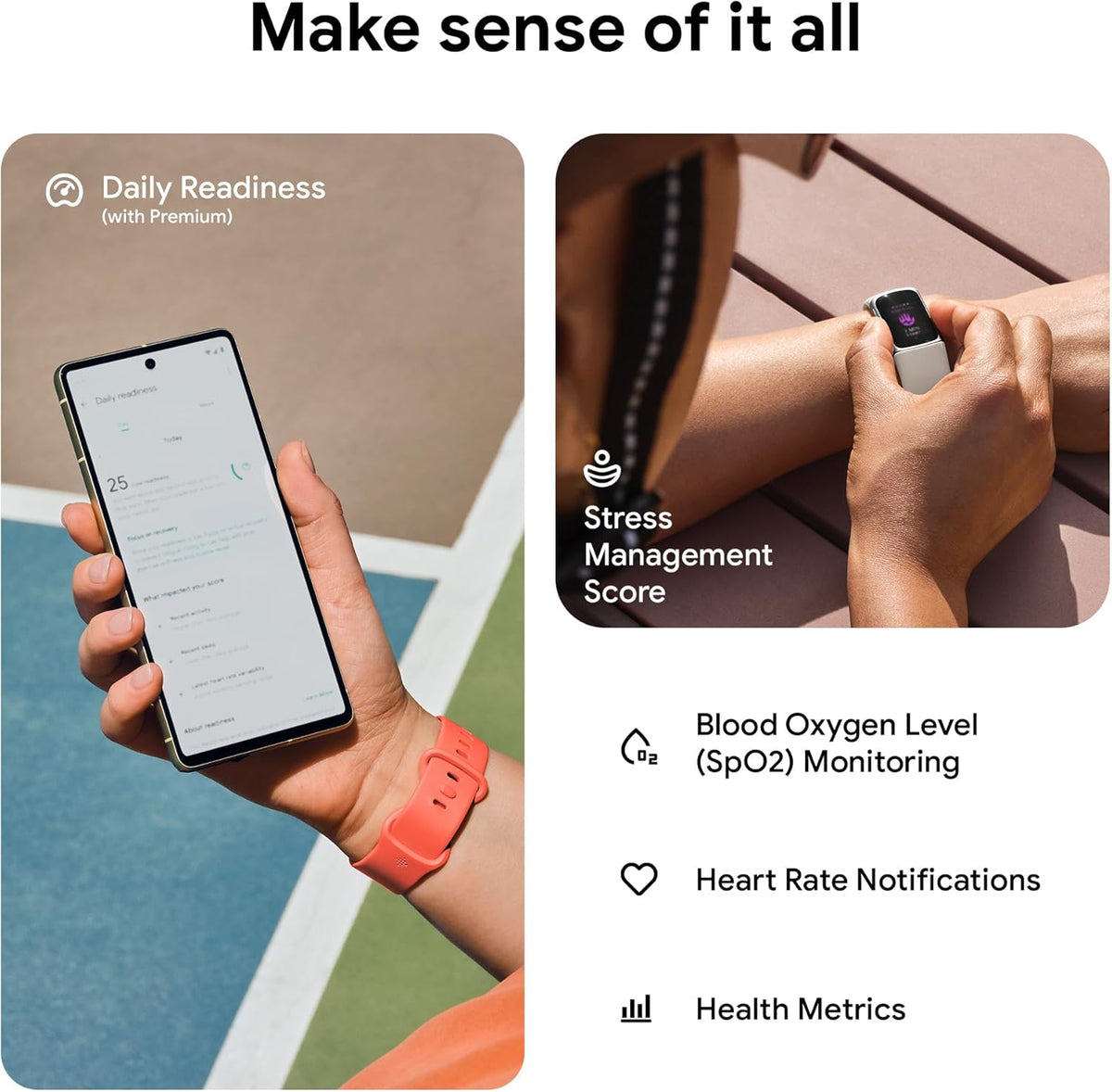 Fitbit Charge 6 Fitness Tracker with Google apps, Heart Rate on Exercise Equipment, 6-Months Premium Membership Included, GPS, Health Tools and More, Porcelain/Silver, One Size (S & L Bands Included)