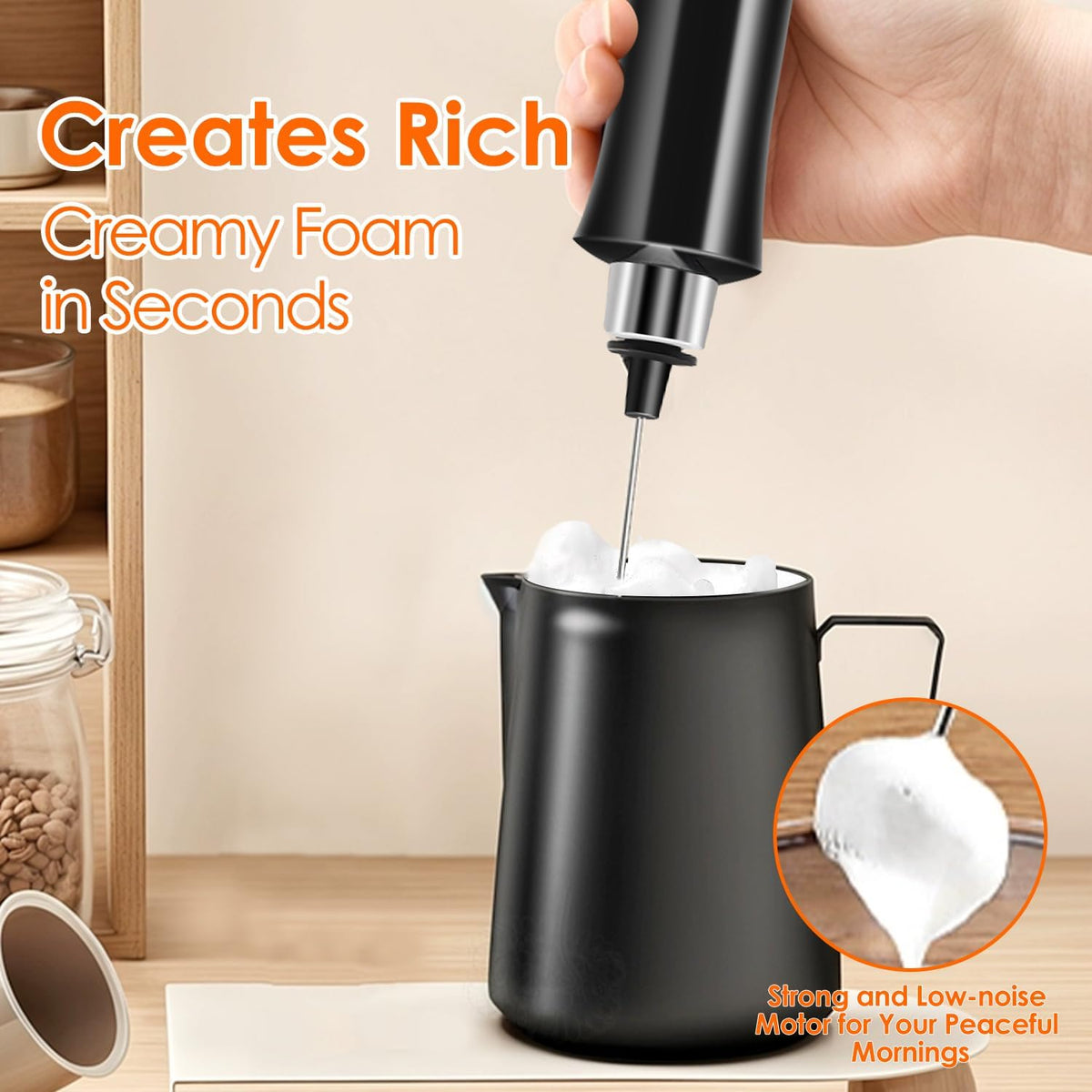 Rechargeable Milk Frother Handheld with 3 Detachable Stainless Steel Whisks, 3 Speed Adjustable Electric Whisk Foam Maker, Handheld Drink Mixer, Frother Wand for Coffee, with Storage and Charging Base