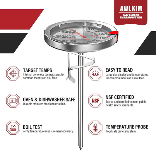 2 Pack Stainless Steel Meat Thermometer, Safe Leave in Oven, 2.5-in Extra-Large Dial Food Thermometer for Cooking, Temperature Probe for Baking, Steak, Turkey - Kitchen Gadgets - Silver