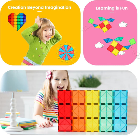 Gemmicc Magnetic Tiles, Deluxe 136 PCS Building Blocks Magnet Toys for Kids,3D Magnet Puzzles Stacking Blocks for Boys Girls,Huge Set with 2 Cars
