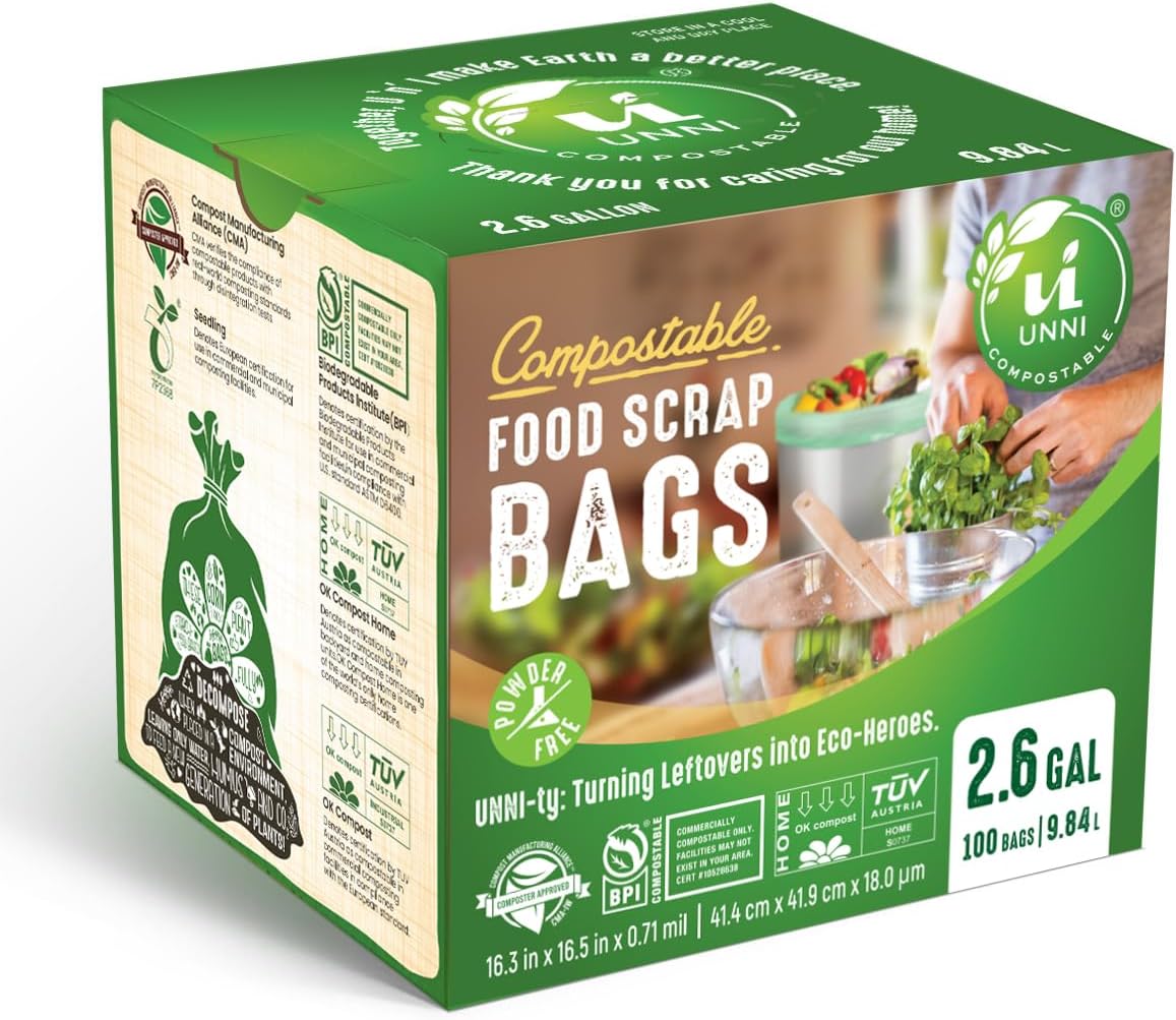 UNNI Compostable Trash Bags, 2.6 Gallon / 9.84 Liter, 100 Count, Extra Thick 0.71 Mil Small Kitchen Food Scrap Bin Liners, Certified by BPI, CMA & OK compost HOME, Meets the ASTM D6400 Standard