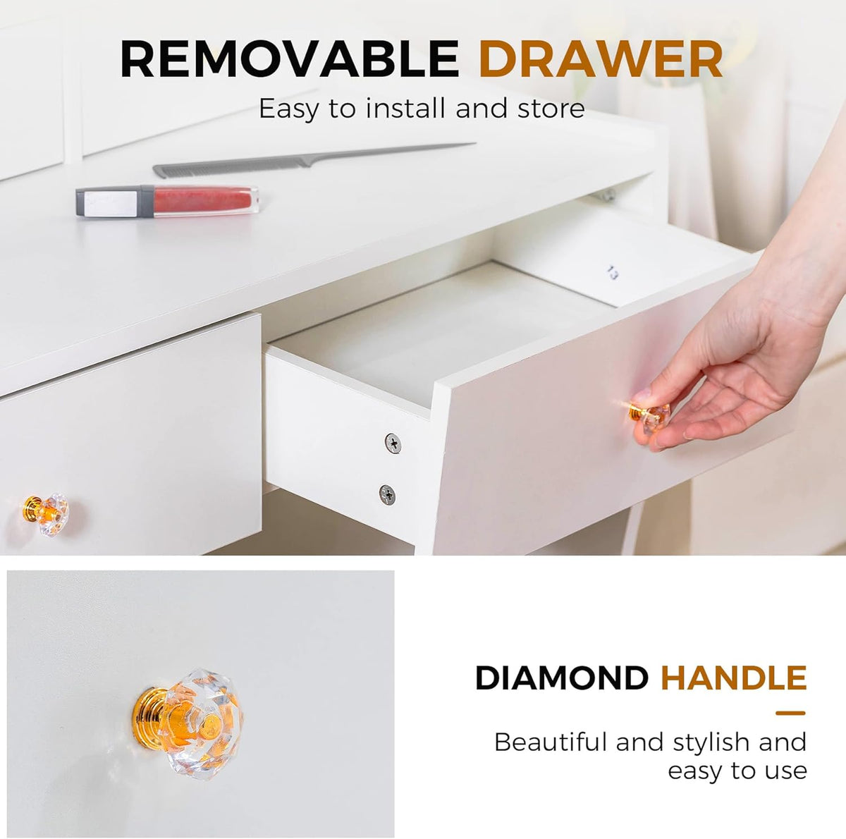 COMHOMA Makeup Vanity Desk with Mirror and Lights, Vanity Table and Chair Set with 5 Drawers and Charging Station, Bedroom Dresser LED Mirror Stepless Dimmable & 3 Color Modes Adjustable, White