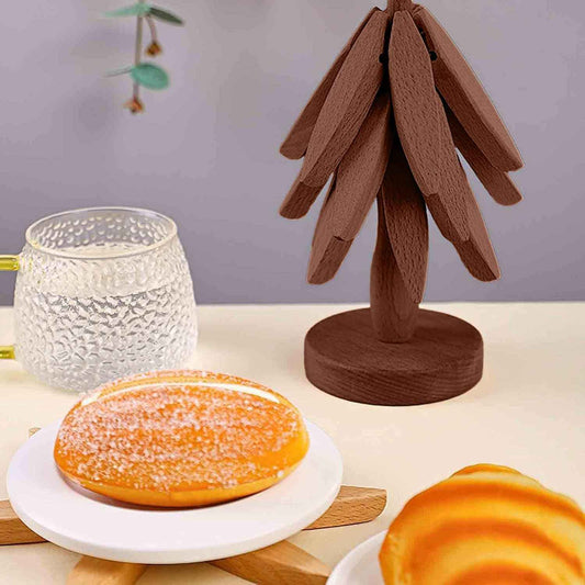 Wooden Cup Coaster Set,Tree Shape Trivet Set,Tree Coasters- 4 Wooden Trivets + 1 Stand stored for hot Dish/Pot/Bowl/teapot/hot Pot Set (Brown)