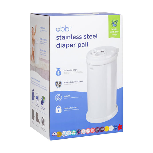 Ubbi Steel Diaper Pail, Odor Locking, No Special Bag Required, Award-Winning, Registry Must-Have, White