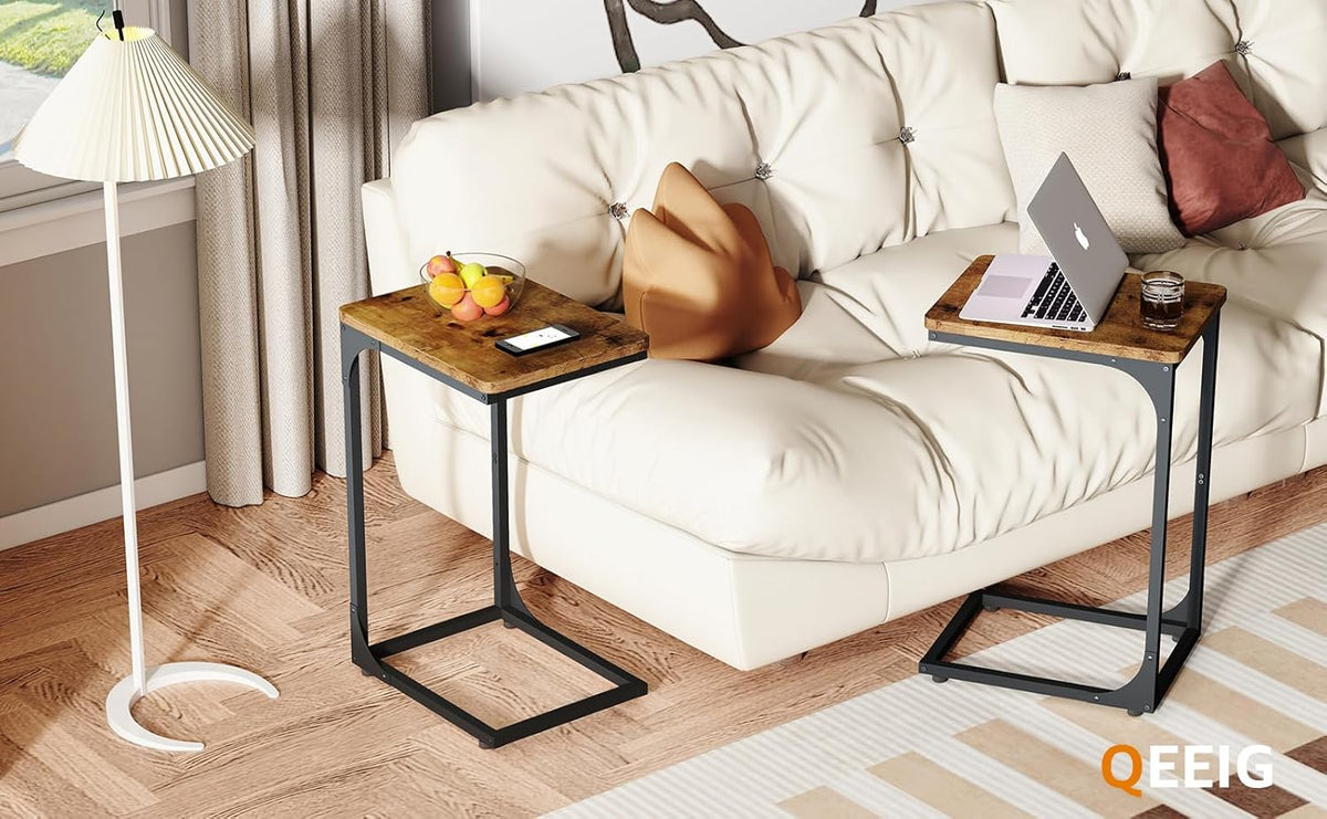 QEEIG C Table Side Table Set of 2 Living Room Sets C Shaped Couch Tray End Tables Farmhouse, Rustic Brown (017-30BN)
