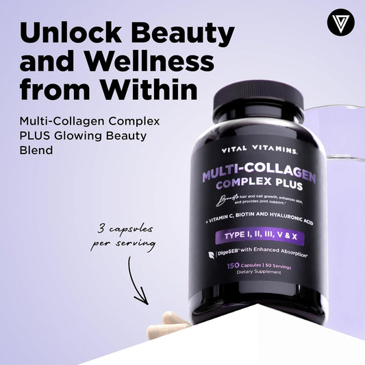 Vital Vitamins Multi Collagen Complex Plus - with Biotin, Hyaluronic Acid, Vitamin C - Type I, II, III, V, X - for Women & Men - Hair, Skin, Nails Beauty Complex - 150 Capsules
