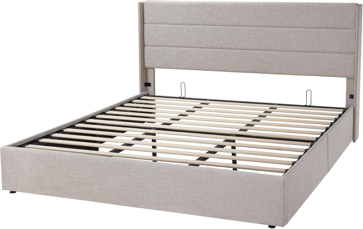 Allewie King Size Lift Up Storage Bed, Modern Wingback Headboard, Hydraulic Support, No Box Spring Needed, Light Beige