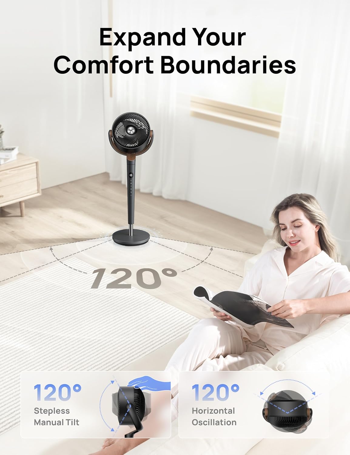 Dreo Fan for Bedroom, 120Β° Oscillating Standing Fans, Quiet Floor Fan with DC Motor, 100ft Pedestal Fans for Room, 9 Speeds, 4 modes, 20dB, 120Β° Manual Vertical, 37-42" Adjustable Height, 9H Timer