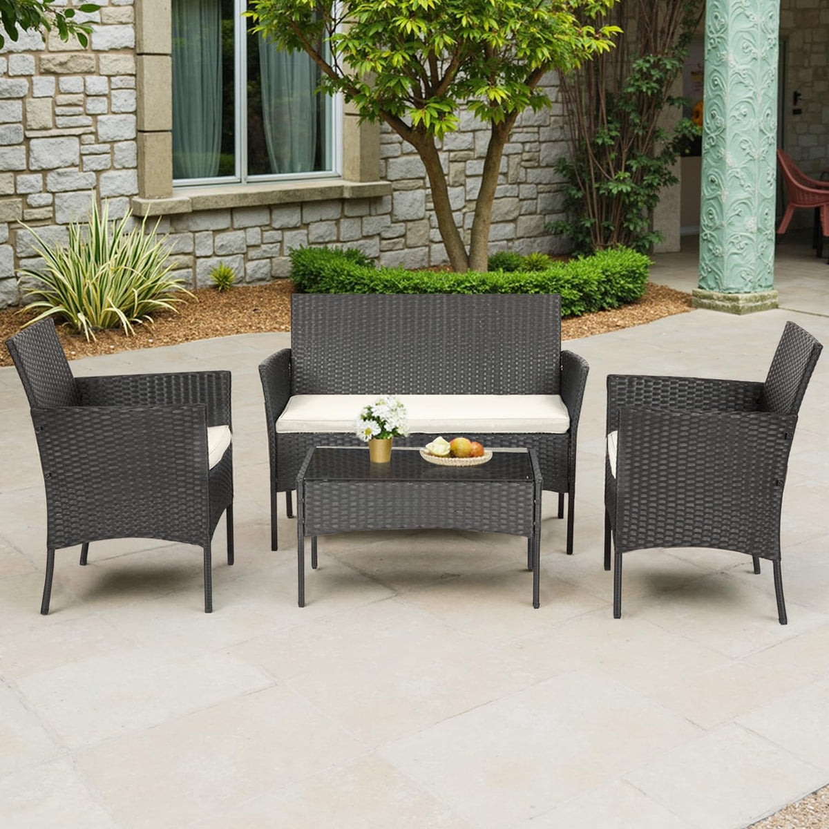 FDW | 4-Piece Patio Furniture Set | Black | Outdoor Wicker Furniture with Coffee Table | Modern Rattan Chairs Conversation Set | Outdoor Seating | Weather-Resistant | for Porch, Garden, Lawn