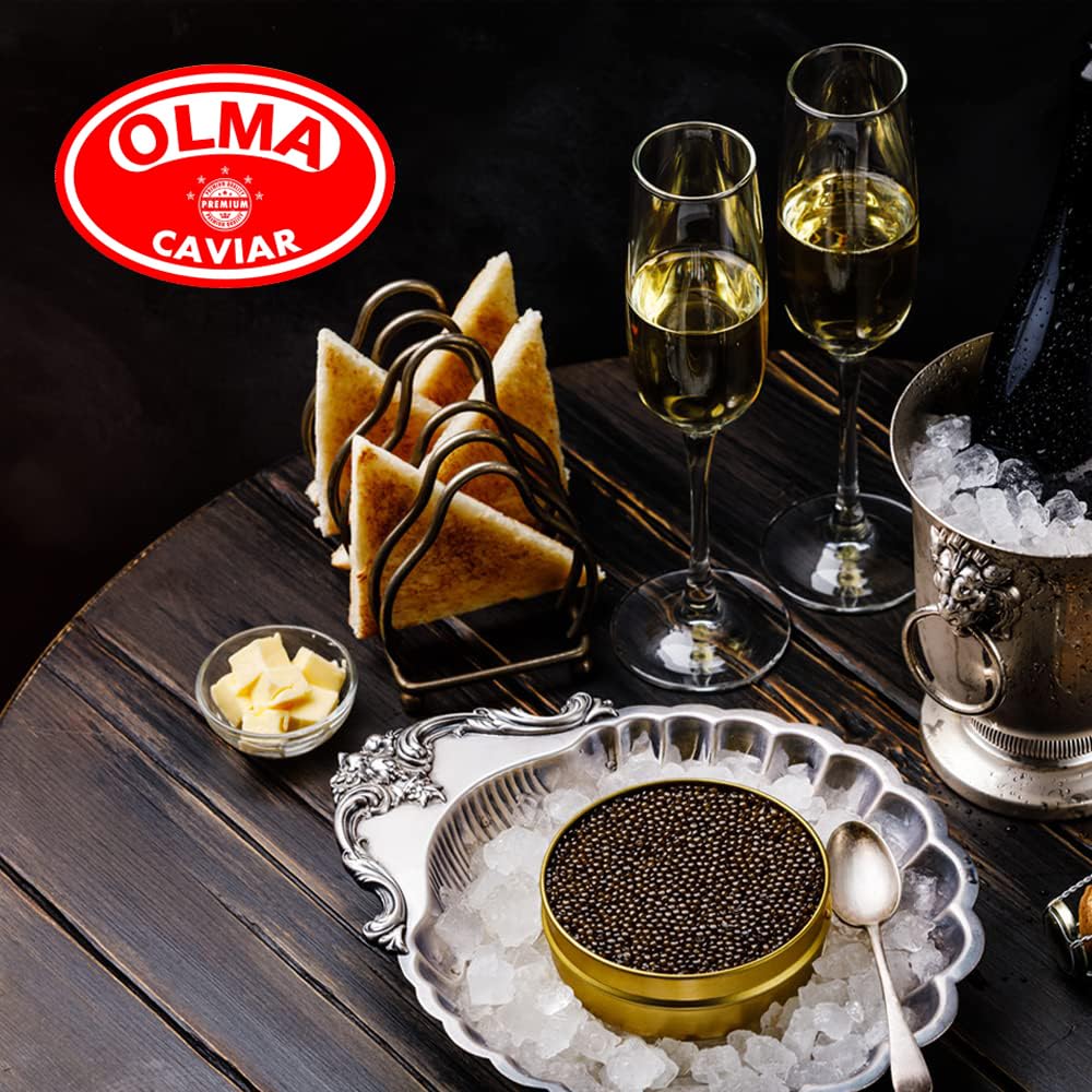 OLMA Caviar Taster Gift Set - 4 oz (112g) of Caviar, Includes 8 Varieties of Caviar Fish Roe (Beluga Hybrid, Osetra, Kaluga Royal, Hackleback, & more), Mini Blinis, Creme Fraiche & Serving Spoon
