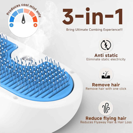 Pet Steam Brush for Dog & Cat - 3-in-1 Steam Grooming Brush for Shedding & Hair Removal - Self Cleaning Spray Comb with Mist for Long Haired Pets - Includes 1*Waterless Shampoo, Blue.