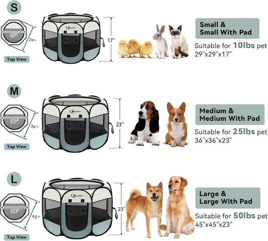 Dog Cat Playpen, Puppy Pet Playpen Indoor for Small Dogs Tent Crates Cage Outdoor, Portable Pop Up Dog Kennel Playpen with Carrying Case for Dogs/Cats/Rabbits, Removable Zipper Top, Grey