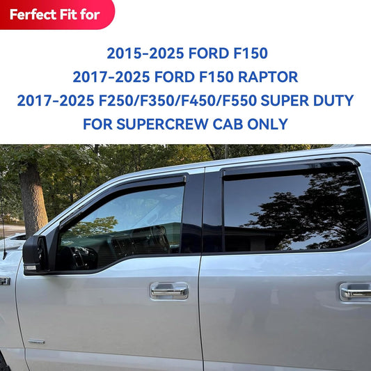 Window Visors Rain Guards for 2015-2026 Ford F150 SuperCrew, Out-Channel Sun Rain Shades Window Vent Deflectors for 2017-2026 F-150 Raptor F250 F350 F450 F550 Super Duty Crew Cab, for Full-Size Cabs