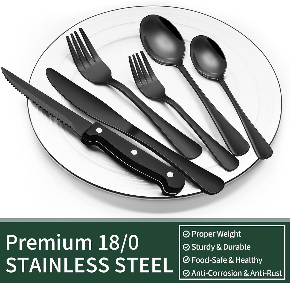 EWFEN 24-Piece Black Silverware Set with Steak Knives, Black Flatware Set for 4, Food-Grade Stainless Steel Tableware Cutlery Set, Mirror Finished Utensil Sets for Home Restaurant, Round Edge