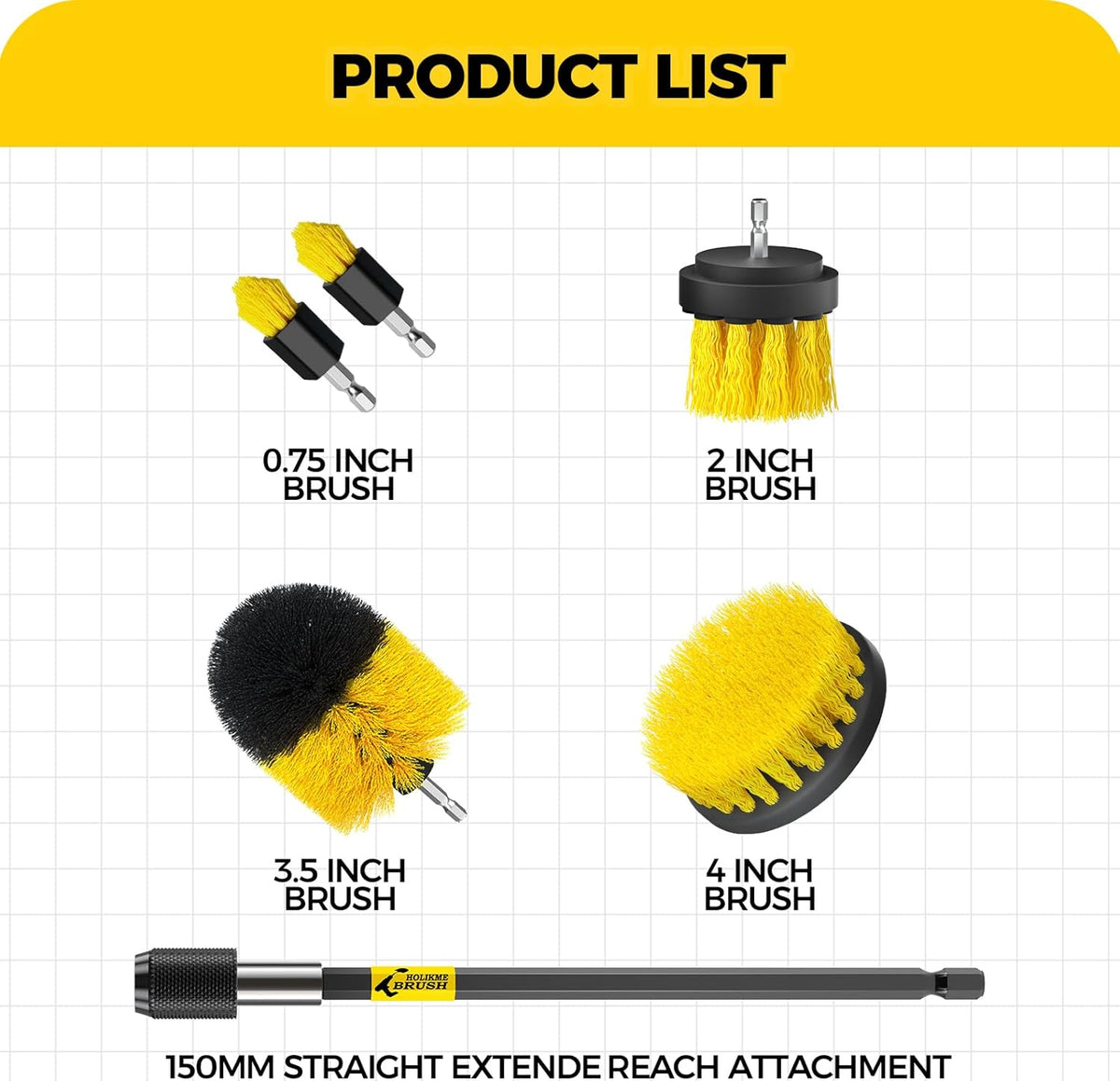 Holikme 6Pack Drill Brush Power Scrubber Cleaning Brush Extended Long Attachment Set All PLrpose Drill Scrub Brushes Kit for Grout, Floor, Tub, Bathroom and Kitchen Surface,Scratch Brushes(Yellow)