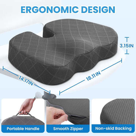 TushGuard Seat Cushion - Memory Foam Cushion for Office Chair, Car Seat, Airplane, Bleacher - Sciatica & Hip & Coccyx Pain Relief Desk Chair Cushion for Long Sitting Office Workers, Car Drivers