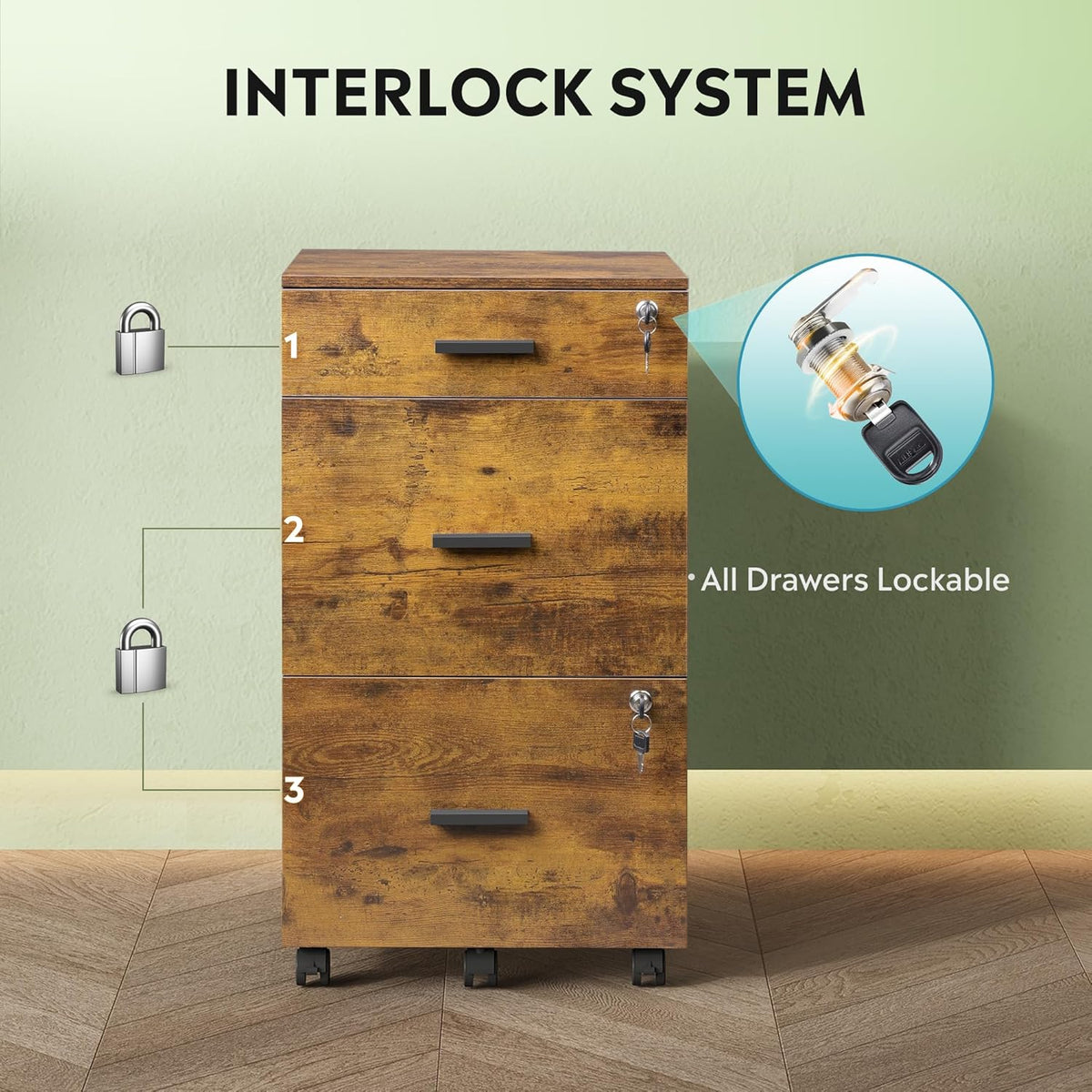 DEVAISE 3 Drawer Rolling File Cabinet with Lock, Wood Filing Cabinet fits Letter / A4 Size for Home Office, Rustic Brown