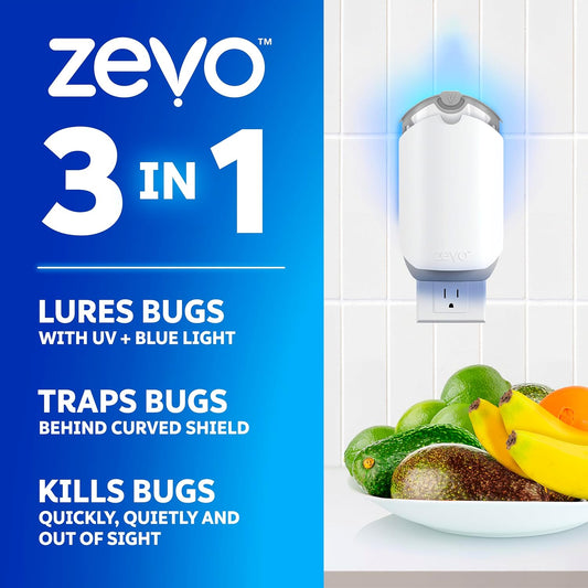 Zevo Flying Insect Trap & 3 Refill Cartridges - Plug in Fly Trap & Indoor Bug Catcher for Gnats, House & Fruit Flies - Blue & UV Light Technology, Mess-Free Alternative to Bug Zapper