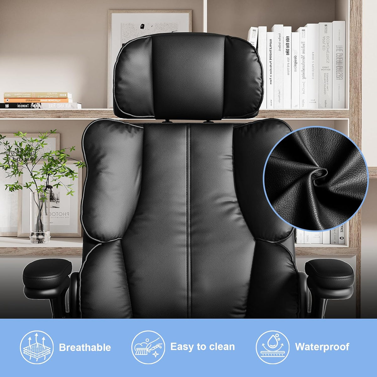 Executive Leather Office Chair, Computer Chair with Thick Cushion & Lumbar Support, Ergonomic Desk Chair with Adjustable Headrest & Armrests,Black