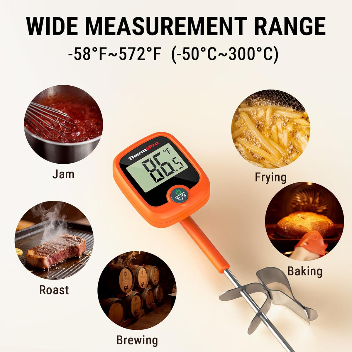 ThermoPro TP509 Candy Thermometer with Pot Clip, 10" Long Probe Instant Read Meat Food Thermometer with LCD, Cooking Oil Thermometer Deep Frying Thermometer for Candy Maple Syrup Sugar Brewing Making