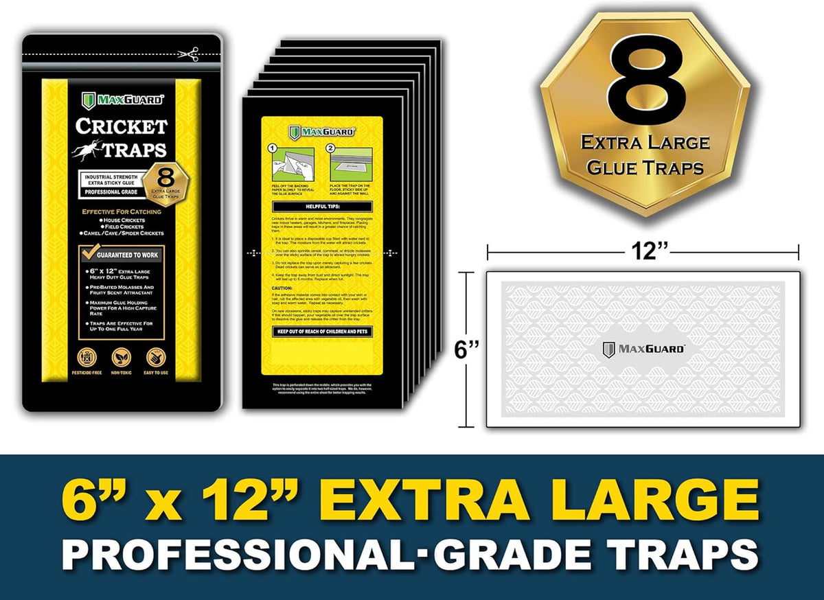 MaxGuard Extra Large Cricket Traps (8 Traps) | Non-Toxic Extra Sticky Glue Board Pre-Baited Cricket Attractant Trap & Kill House Crickets, Insects, Spiders, Bugs