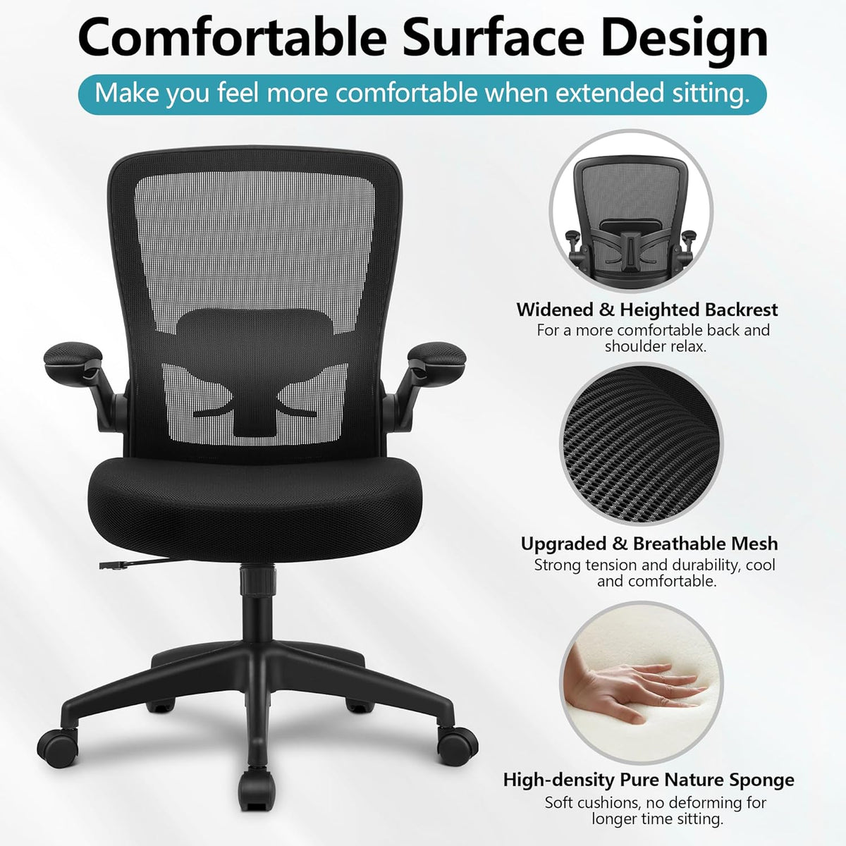 FelixKing Office Chair, Ergonomic Desk Chair Breathable Mesh Chairs Adjustable High Back Lumbar Support Flip-up Armrests, Executive Rolling Swivel Comfy Computer Chairs Home Office Black