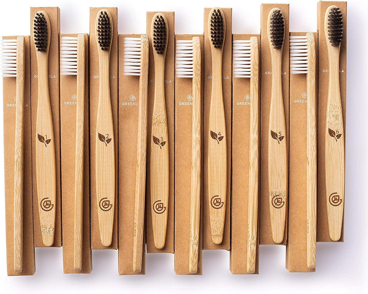 Greenzla Bamboo Toothbrushes for Adults – 12 Pack Wooden Toothbrush Set with Charcoal-Infused Soft Bristles, Natural Oral Care for Daily Use