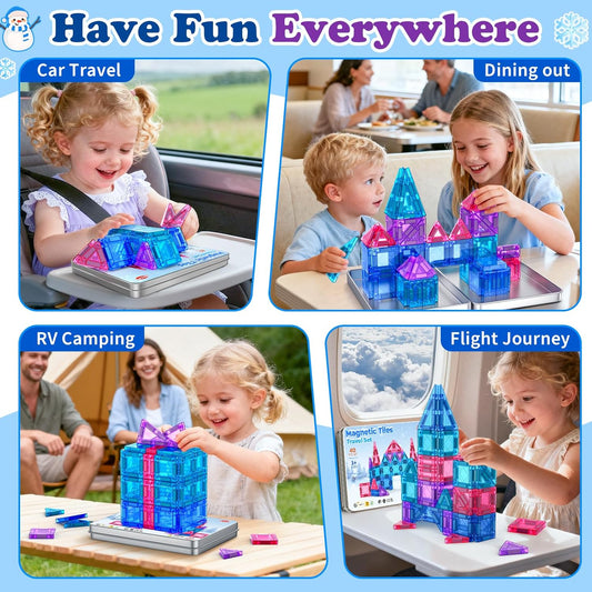 Mini Magnetic Tiles Travel Set 40PCS with Iron Box Princess Castle Pretend Girl Play Toys Age 3 4-5 6-8, Educational Portable Magnet Building Tiles Christmas Birthday Gifts for Toddlers Boys & Girls