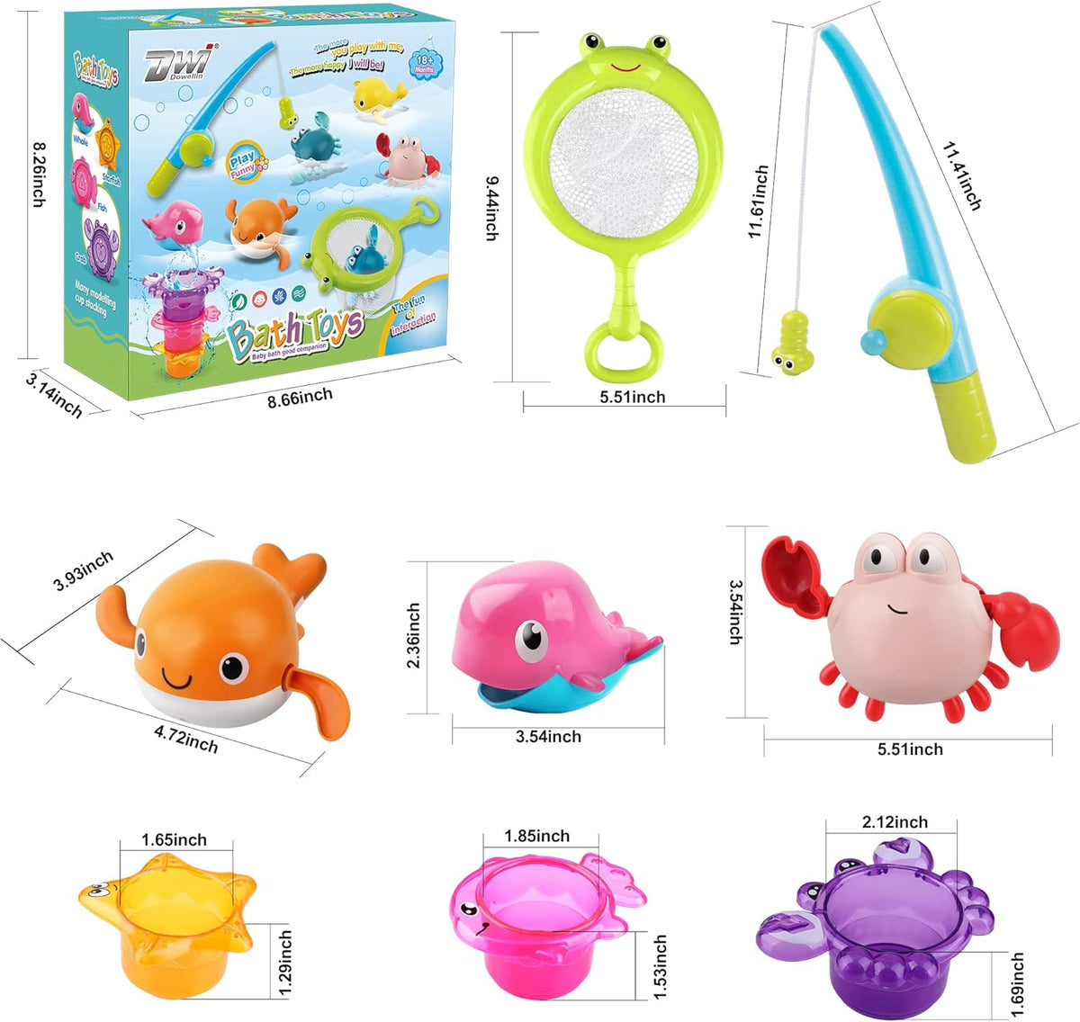 Dwi Dowellin Bath Toy for Toddlers ,Bathtub Toy with Floating Mold Free Swimming Toys and Stacking Cups,Magnetic Fishing Game for Toddles and Babies