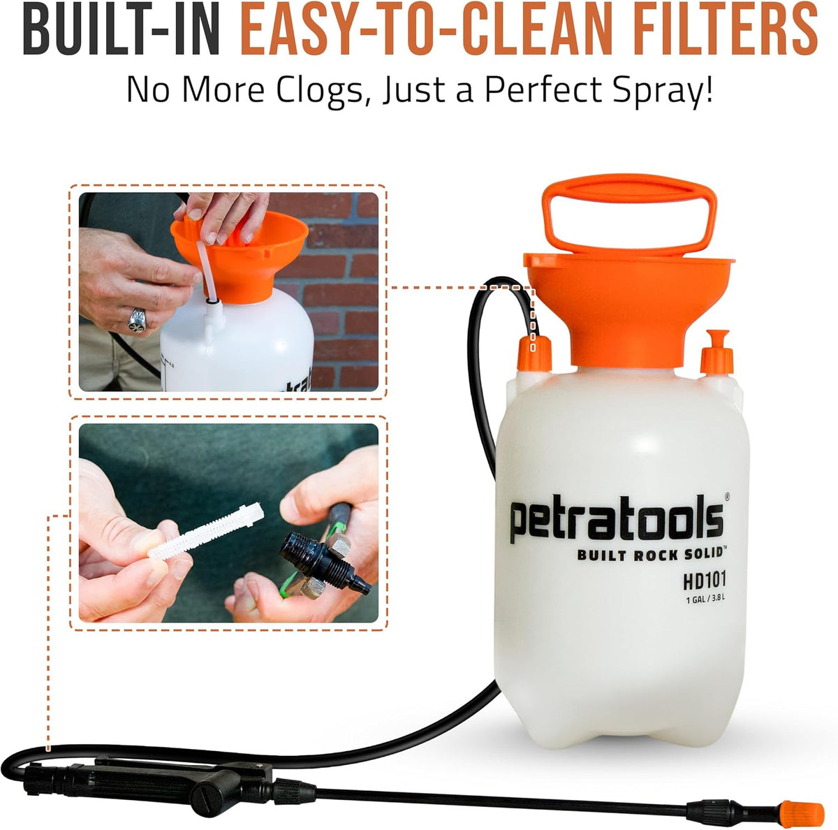 Petratools 1 Gallon Pump Sprayer – HD101 Garden Sprayer for Weeds, Lawn Care & Pesticides – 52” Long Hose, 2 Nozzles & Easy Carry Handle – Durable & Lightweight