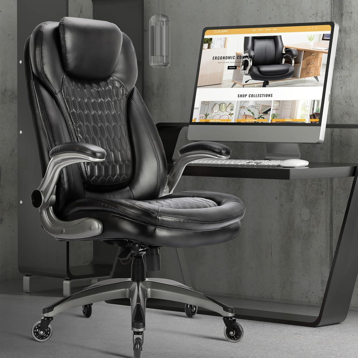 Executive Office Chair-Ergonomic Computer Desk Chair, High Back Leather Chair with Padded Flip-up Arms, Swivel Home Office Chair Upgraded Caster-Black