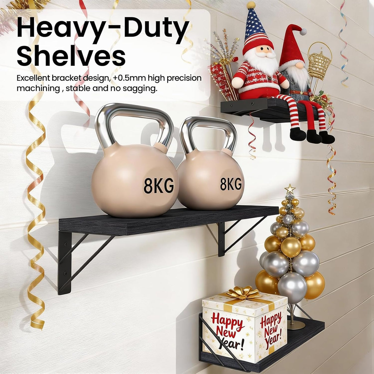 BAYKA Wall Mounted Floating Shelves, Wood Floating Wall Shelf for Books & Decor, Small Space-Saving Display & Organizer(Black,Set of 4)