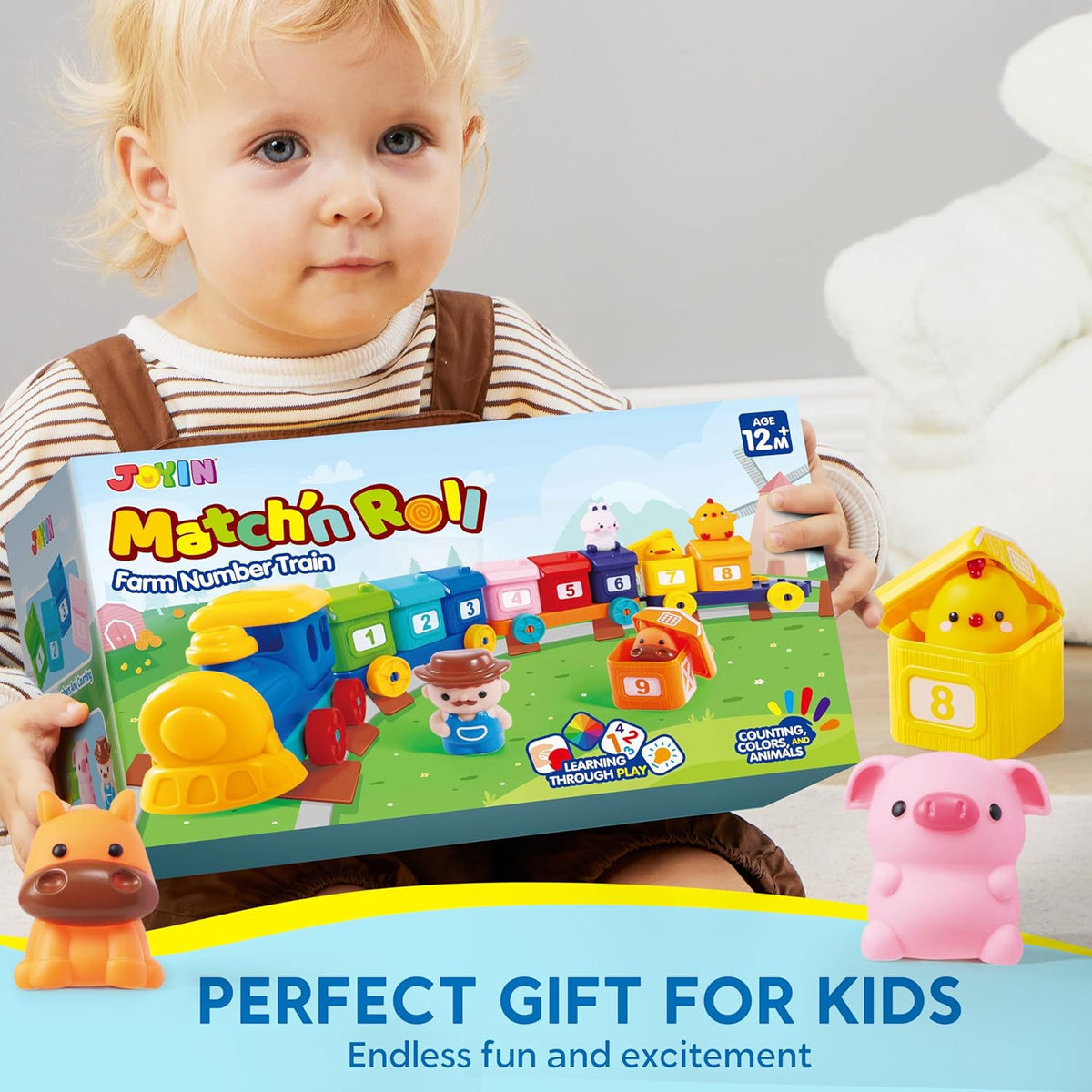 Learning Toy for Toddlers 1 2 3 Years Old, Counting, Matching & Sorting Montessori Learning Farm Train Including 9 Farm Animals and 1 Farmer, Easter Christmas Birthday Gift for Baby Boys Girls