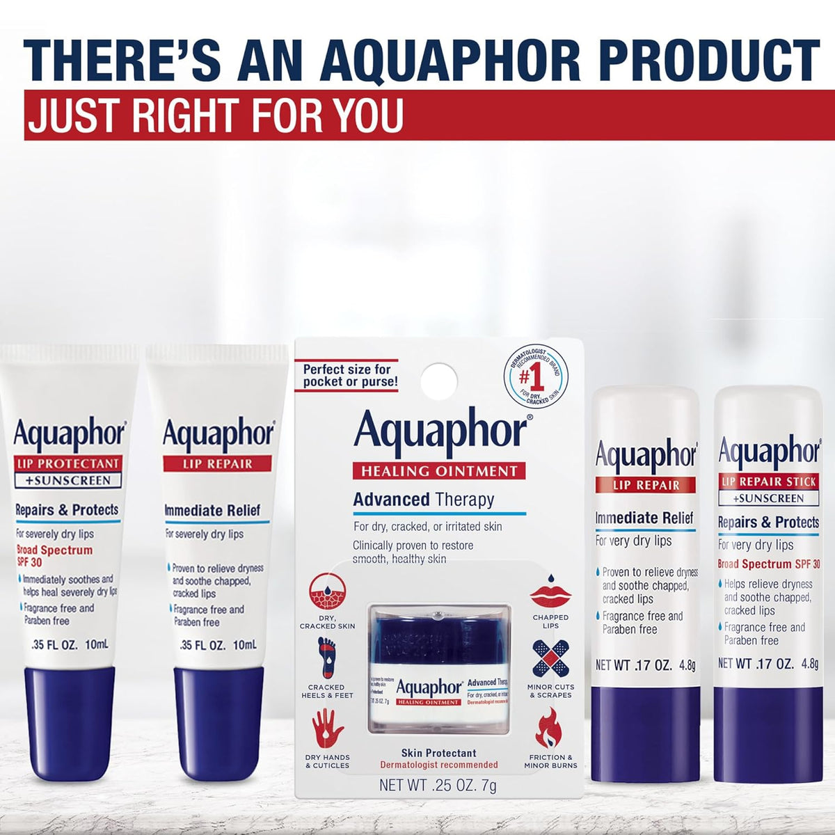 Aquaphor Lip Repair Ointment, Moisturizing Lip Balm Pack, Relieves Dryness, 0.35 Tube, Pack of 2
