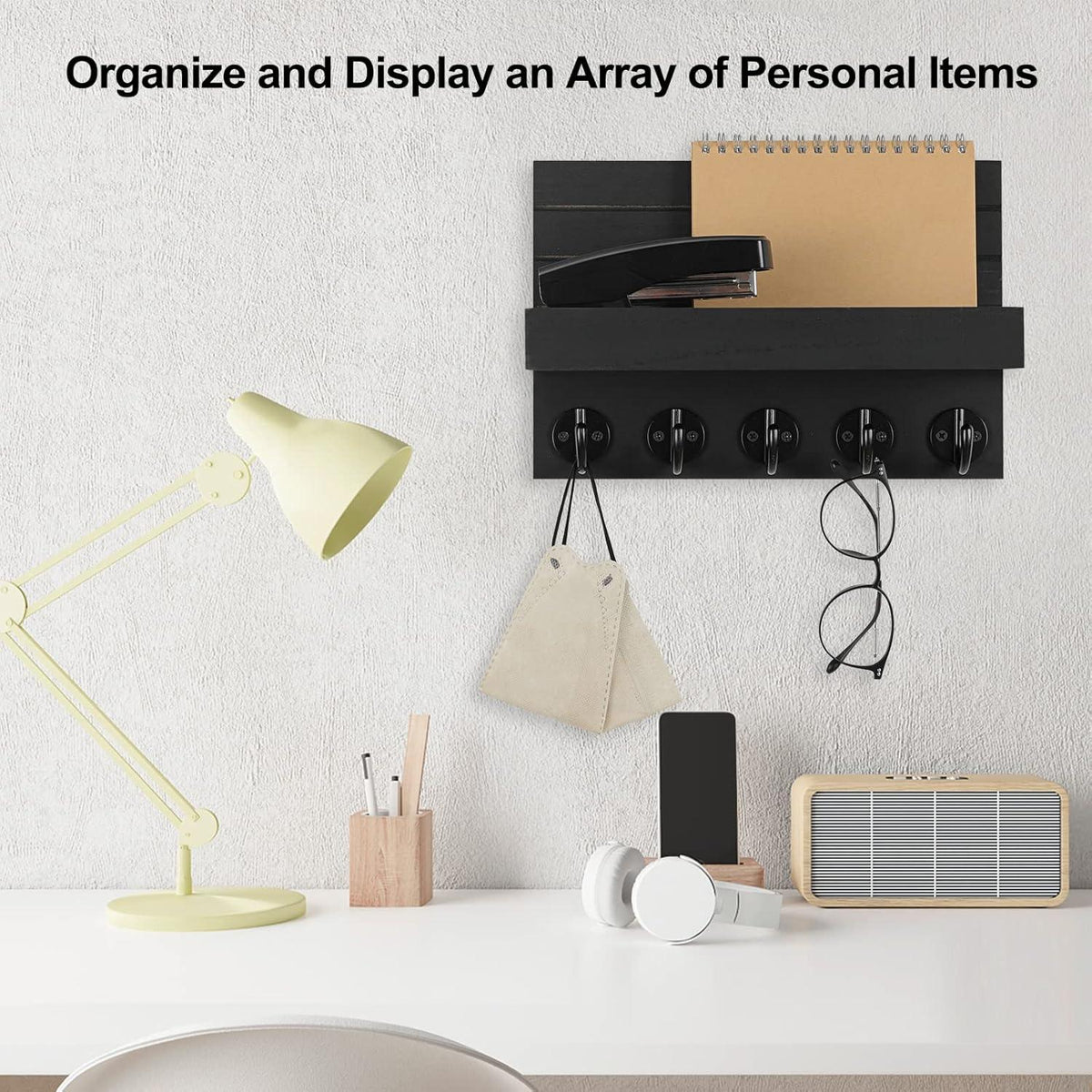 Key Holder for Wall, Decorative Key and Mail Holder with Shelf Has Large Hooks for Bags, Coats, Umbrella – Paulownia Wood Key Hanger with Mounting Hardware (9.8”W x 6.7”H x 4.2”D)