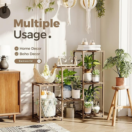 Bamworld Plant Stand Indoor Plant Shelf Outdoor Wood Plant Rack for Multiple Plants 3 Tiers Ladder Plant Pot Holder for Living Room Patio Boho Home Decor for Gardening - Cart Shape