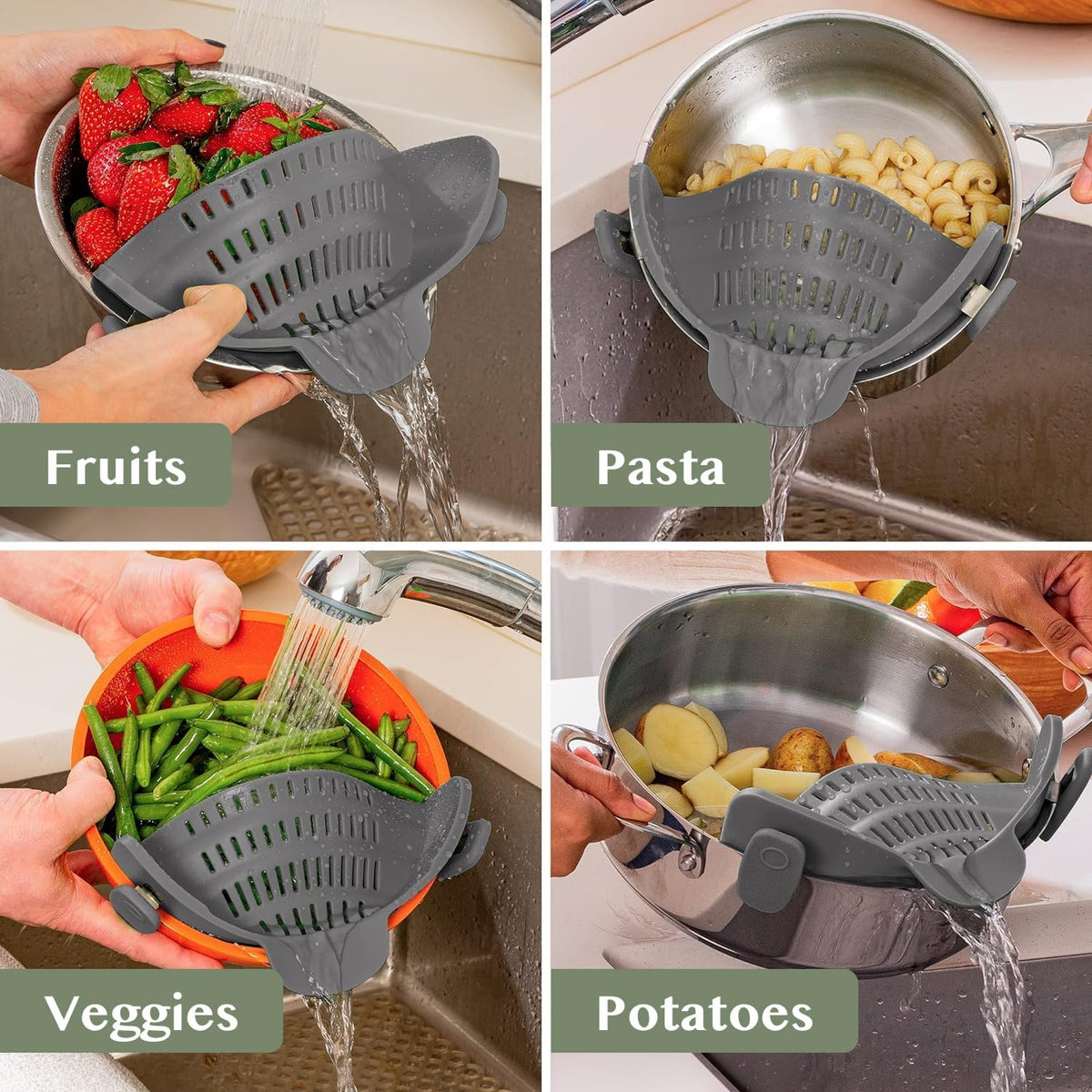 Kitchen Gizmo Snap N' Strain - Silicone Pasta Strainer Clip-On for Pots and Pans - Heat Resistant Colander for Vegetables and Noodles - Kitchen Gadgets for Cooking - Space-Saving Design - Gray